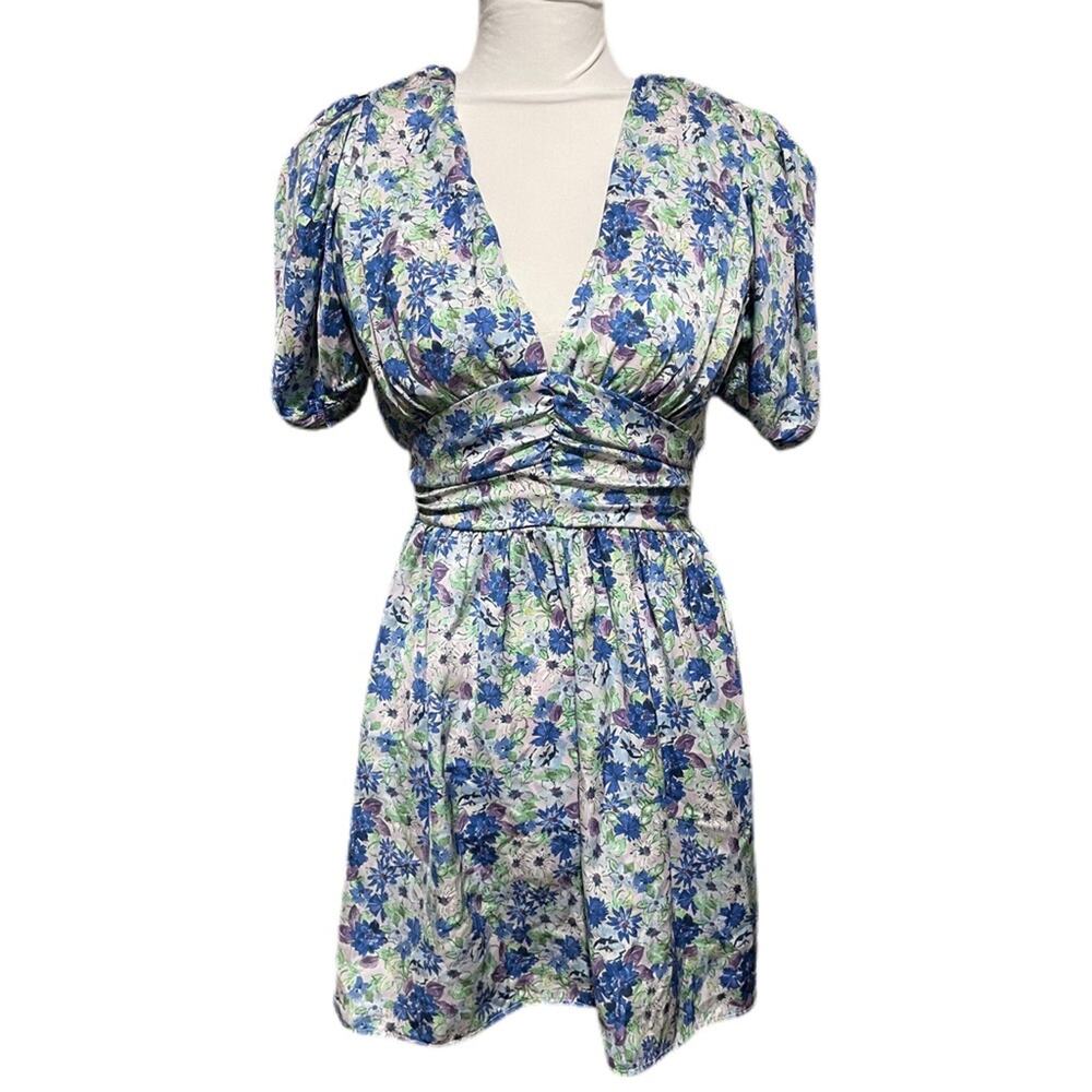 Zara Puff Sleeve V-Neck Floral Romper with Shoulder Pads Women’s Size XS Blue